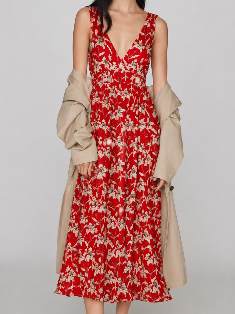 Mango maxi dress red and white floral sleeveless dress with adjustable waist tie